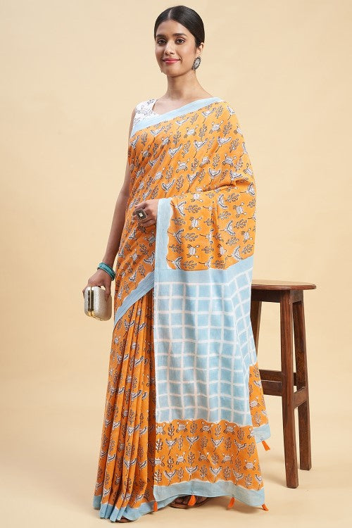 Sooti Syahi Crab In Orange Block Print Cotton Saree Online