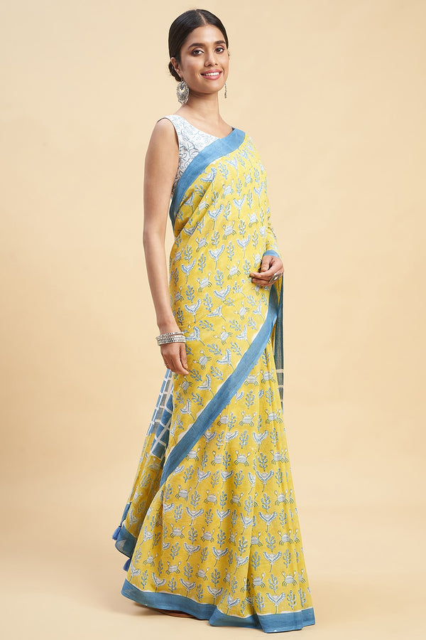 Sooti Syahi Crab In Yellow Block Print Cotton Saree Online