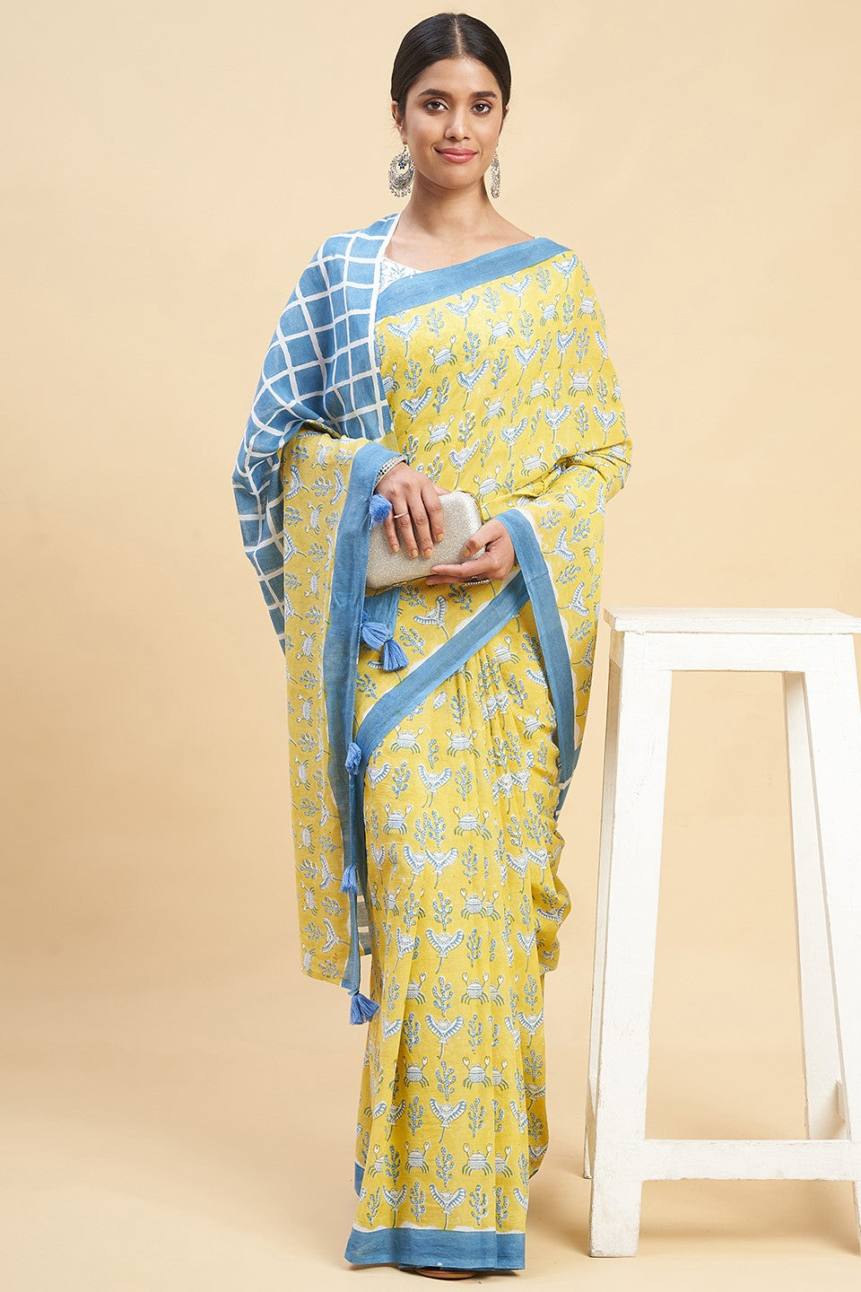 Sooti Syahi "Crab In Yellow" Block Printed Cotton Saree