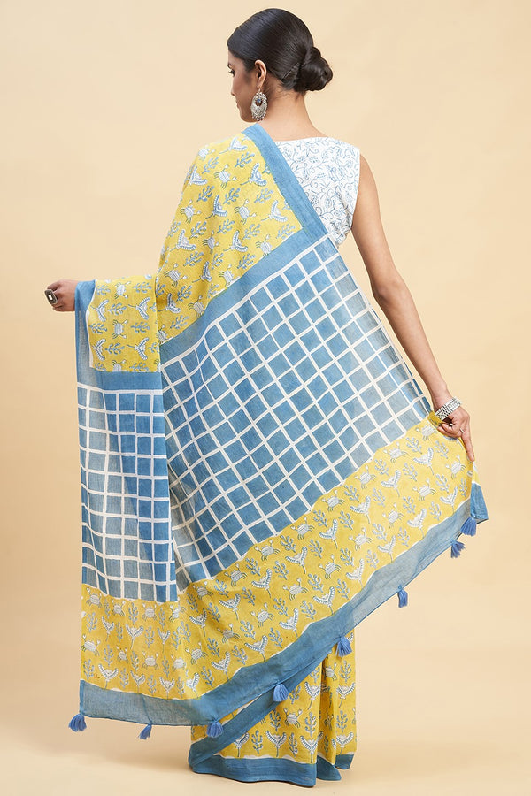 Sooti Syahi "Crab In Yellow" Block Printed Cotton Saree