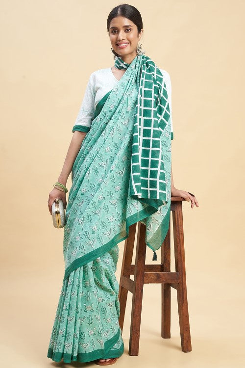 Sooti Syahi "Crab In Green'' Block Printed Cotton Saree