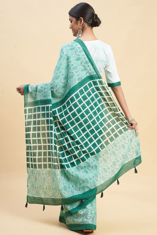 Sooti Syahi "Crab In Green'' Block Printed Cotton Saree