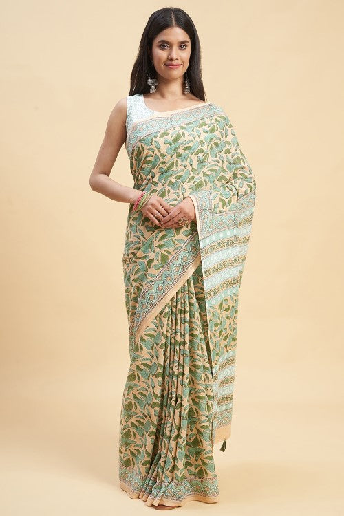 Sooti Syahi Autumnal Peach Block Print Cotton Saree Online