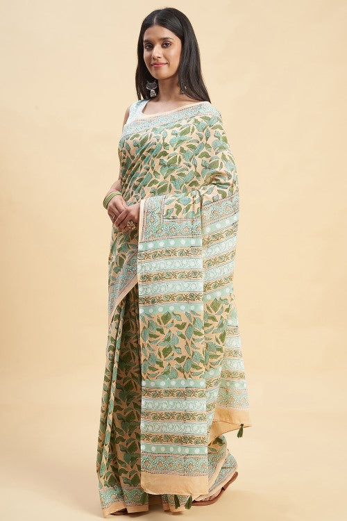 Sooti Syahi "Autumnal Peach'' Block Printed Cotton Saree