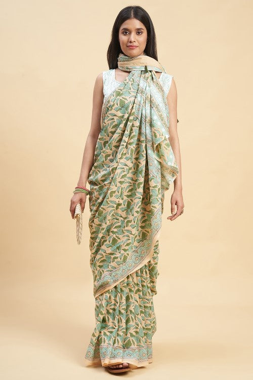 Sooti Syahi "Autumnal Peach'' Block Printed Cotton Saree