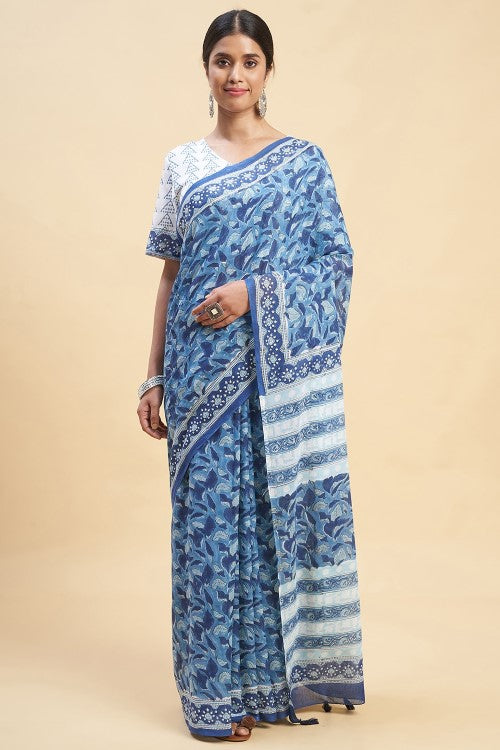 Sooti Syahi Autumnal Blue Block Print Cotton Saree Online