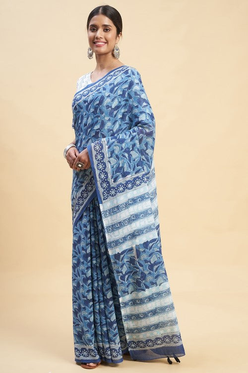 Sooti Syahi "Autumnal Blue'' Block Printed Cotton Saree