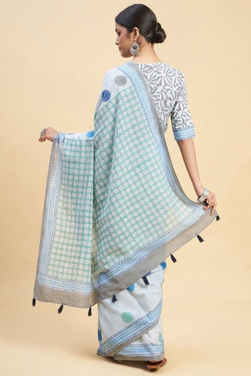 Sooti Syahi "Ocean Blue Pearls" Block Printed Cotton Saree