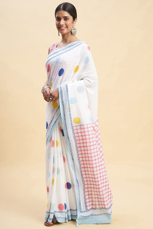 Sooti Syahi "Ocean Pearls'' Block Printed Cotton Saree