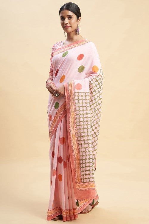 Sooti Syahi Ocean Pink Pearls Block Print Cotton Saree Online