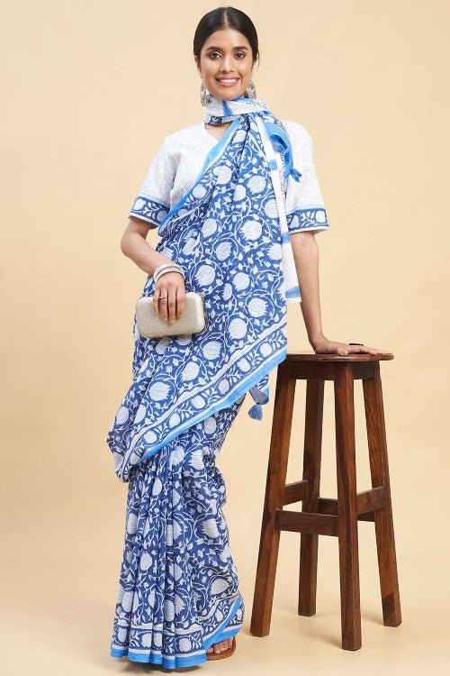 Sooti Syahi "Botanical Blue'' Block Printed Cotton Saree