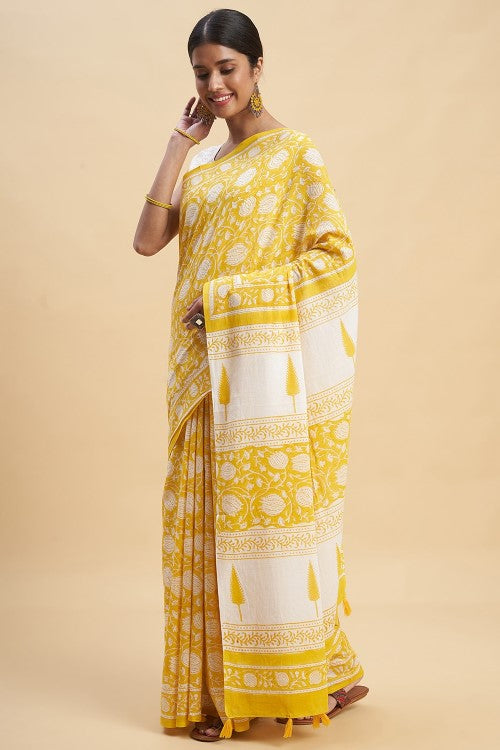 Sooti Syahi "Botanical Yellow'' Block Printed Cotton Saree