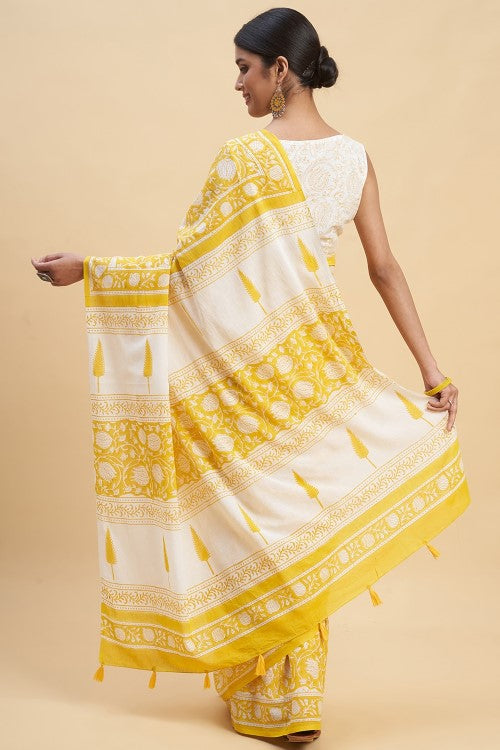 Sooti Syahi "Botanical Yellow'' Block Printed Cotton Saree