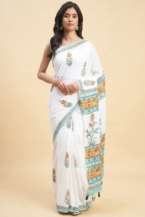 Sooti Syahi Zinna Orange Handblock Print Cotton Saree Online