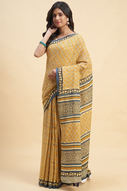 Sooti Syahi Excelsa Block Print Cotton Saree Online