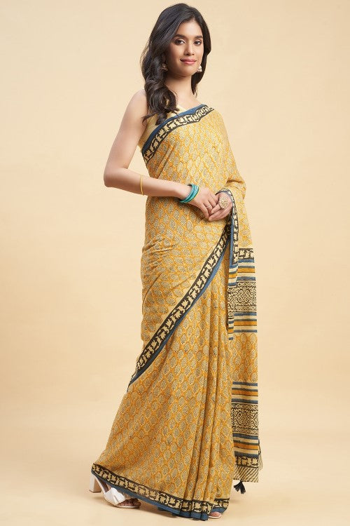 Sooti Syahi "Excelsa " Handblock Print Mul Cotton Saree