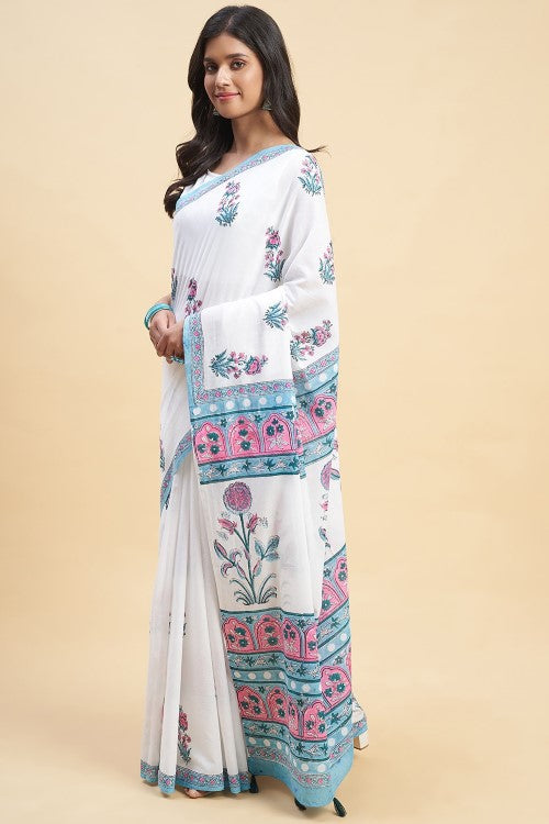 Sooti Syahi "Zinna Pink" Handblock Print Mul Cotton Saree