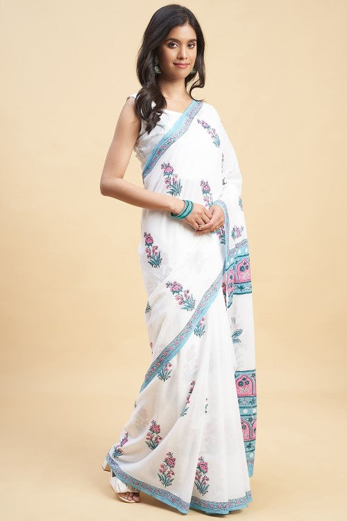 Sooti Syahi Zinna Pink Handblock Print Cotton Saree Online