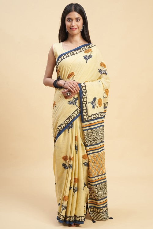 Sooti Syahi "Toffee Rose" Handblock Print Mul Cotton Saree