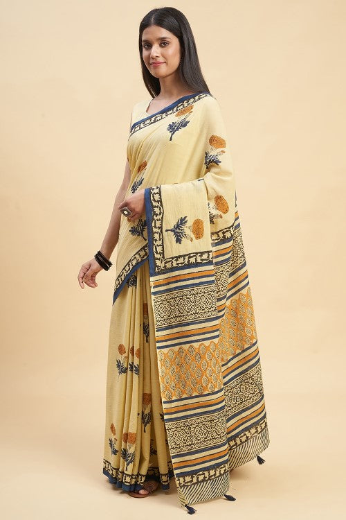 Sooti Syahi "Toffee Rose" Handblock Print Mul Cotton Saree