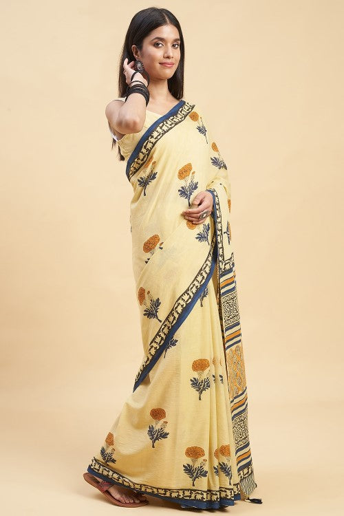 Sooti Syahi "Toffee Rose" Handblock Print Mul Cotton Saree