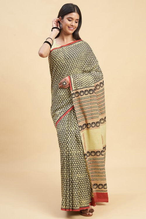 Sooti Syahi Liberica Block Print Cotton Saree Online
