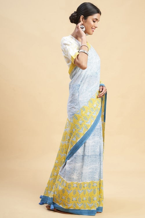 Sooti Syahi "Fiddler Mustered Crab'' Block Printed Cotton Saree