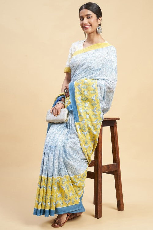 Sooti Syahi "Fiddler Mustered Crab'' Block Printed Cotton Saree