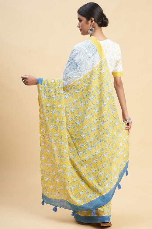 Sooti Syahi "Fiddler Mustered Crab'' Block Printed Cotton Saree