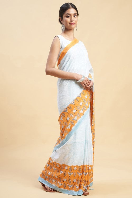 Sooti Syahi Fiddler Orange Crab Block Print Cotton Saree Online