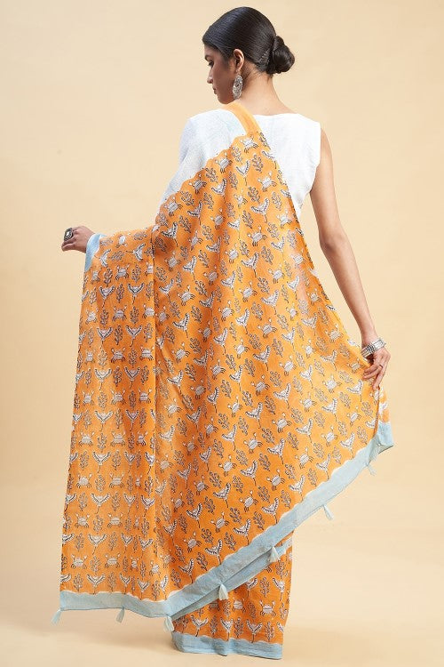 Sooti Syahi "Fiddler Orange Crab'' Block Printed Cotton Saree