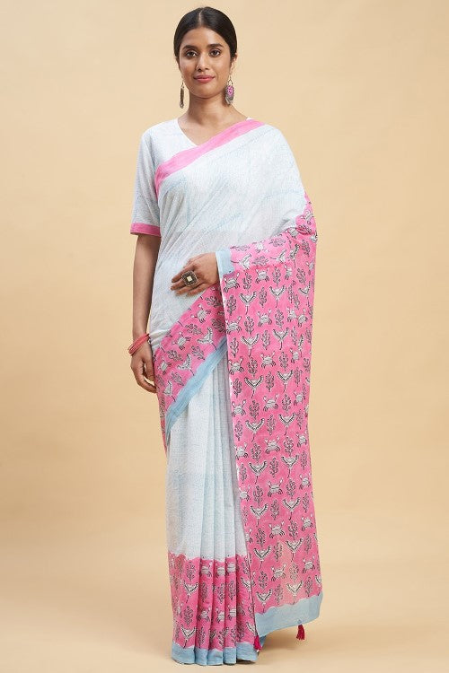 Sooti Syahi Fiddler Pink Crab Block Print Cotton Saree Online