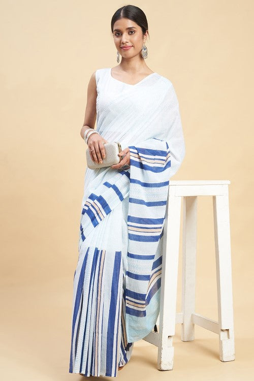 Sooti Syahi Candy Blue Stripes Block Print Cotton Saree Online