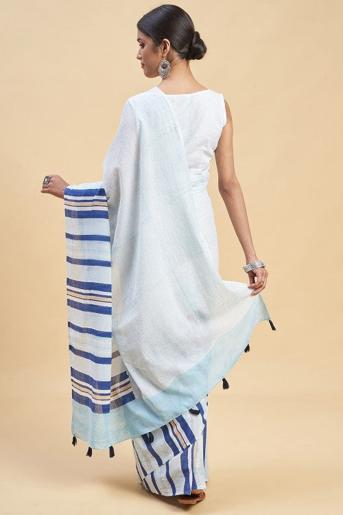 Sooti Syahi " Candy Blue Stripes'' Block Printed Cotton Saree
