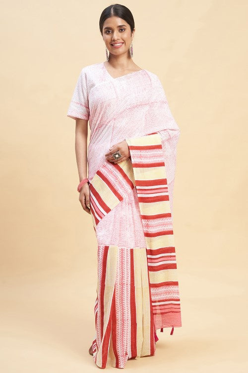 Sooti Syahi " Candy Pink Stripes'' Block Printed Cotton Saree