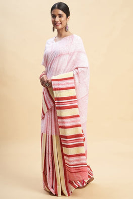 Sooti Syahi " Candy Pink Stripes'' Block Printed Cotton Saree