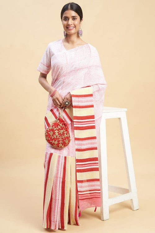 Sooti Syahi " Candy Pink Stripes'' Block Printed Cotton Saree