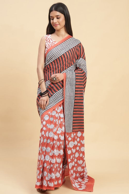 Sooti Syahi "Amaryllis Red'' Block Printed Cotton Saree
