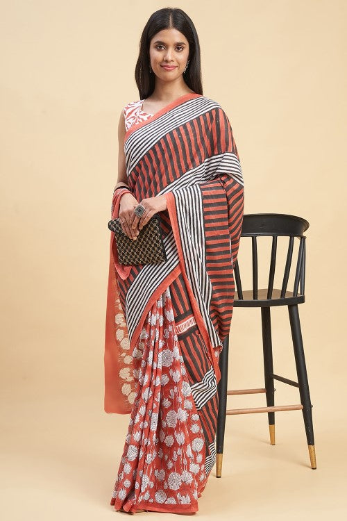 Sooti Syahi "Amaryllis Red'' Block Printed Cotton Saree