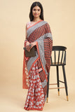 Sooti Syahi "Amaryllis Red'' Block Printed Cotton Saree