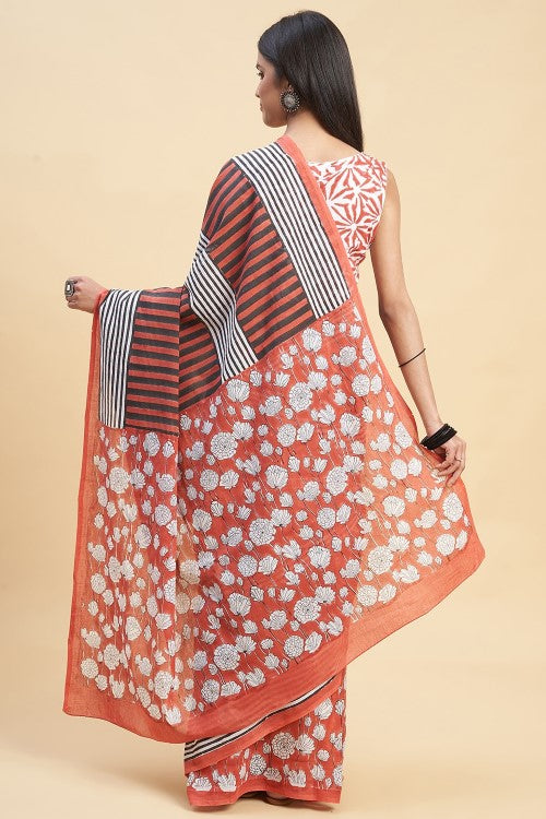 Sooti Syahi "Amaryllis Red'' Block Printed Cotton Saree