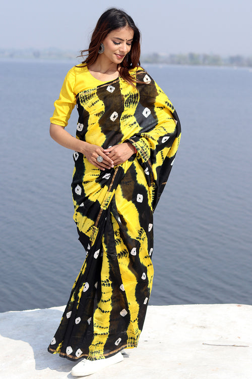 Sooti Syahi "Kaali Peeli" Bandhni Chanderi Saree