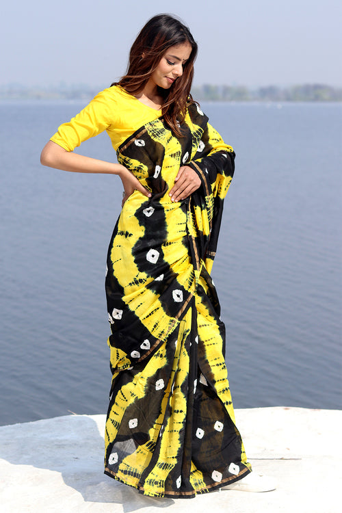 Sooti Syahi "Kaali Peeli" Bandhni Chanderi Saree