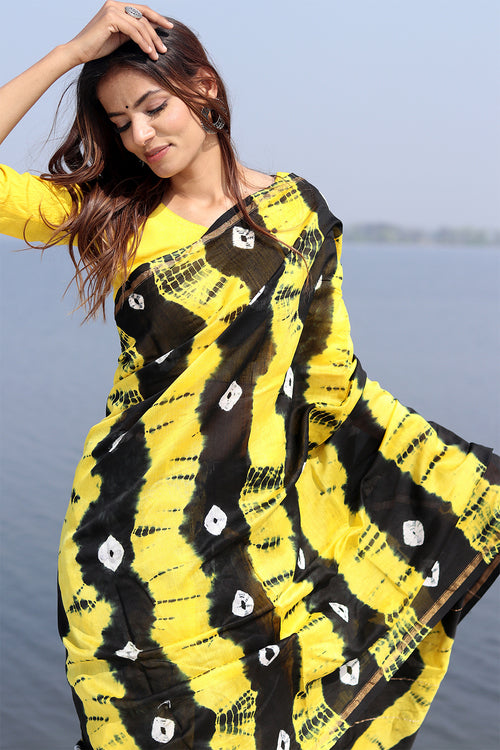 Sooti Syahi "Kaali Peeli" Bandhni Chanderi Saree
