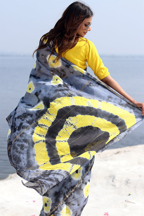 Sooti Syahi "Gray Martini" Bandhni Chanderi Saree