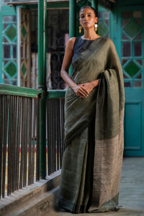 TICH Elegant Handwoven Bengal Linen Saree - Mint Moods