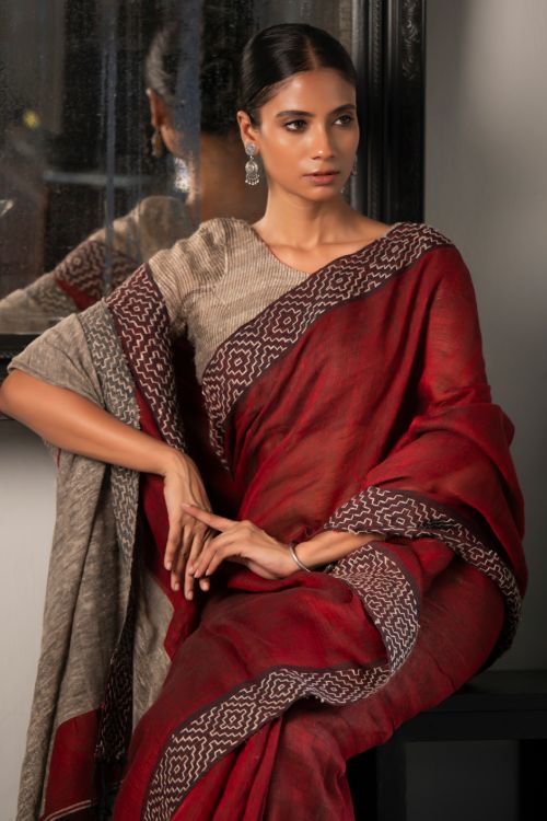 TICH Elegant Kantha Embroidered Handwoven Bengal Linen Saree - Rosebay