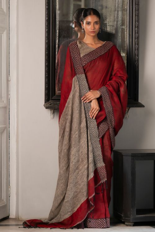 TICH Elegant Kantha Embroidered Handwoven Bengal Linen Saree - Rosebay