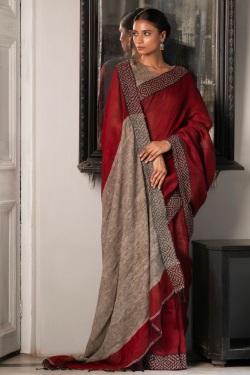 TICH Elegant Kantha Embroidered Handwoven Bengal Linen Saree - Rosebay