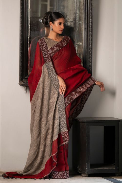 TICH Elegant Kantha Embroidered Handwoven Bengal Linen Saree - Rosebay